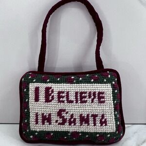 Christmas I Believe In Santa Wool Needlepoint Velvet Door Hanging Ornament 7x5"